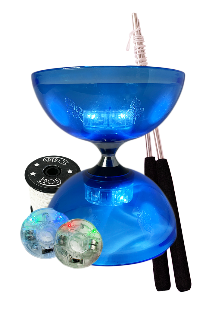 Blue Triple Bearing Diabolo Pro Set w/ LEDs – Spyros Bros Blue Triple Bearing Diabolo Pro Set w/ LEDs – Spyros Bros